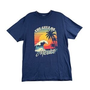 Gulf of Mexico T Shirt Blue Graphic Wave Palm Trees Sunset Short Sleeve Tee